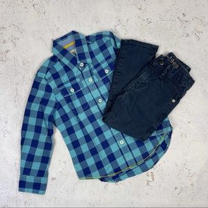 Mini Boden BabyGAP Button Down Shirt & Jeans Set Plaid Navy Blue Size 3-4